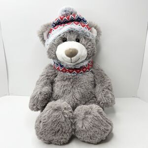 Gentle Treasures Gray Teddy Bear Plush Stuffed Animal 17" Winter Hat Scarf